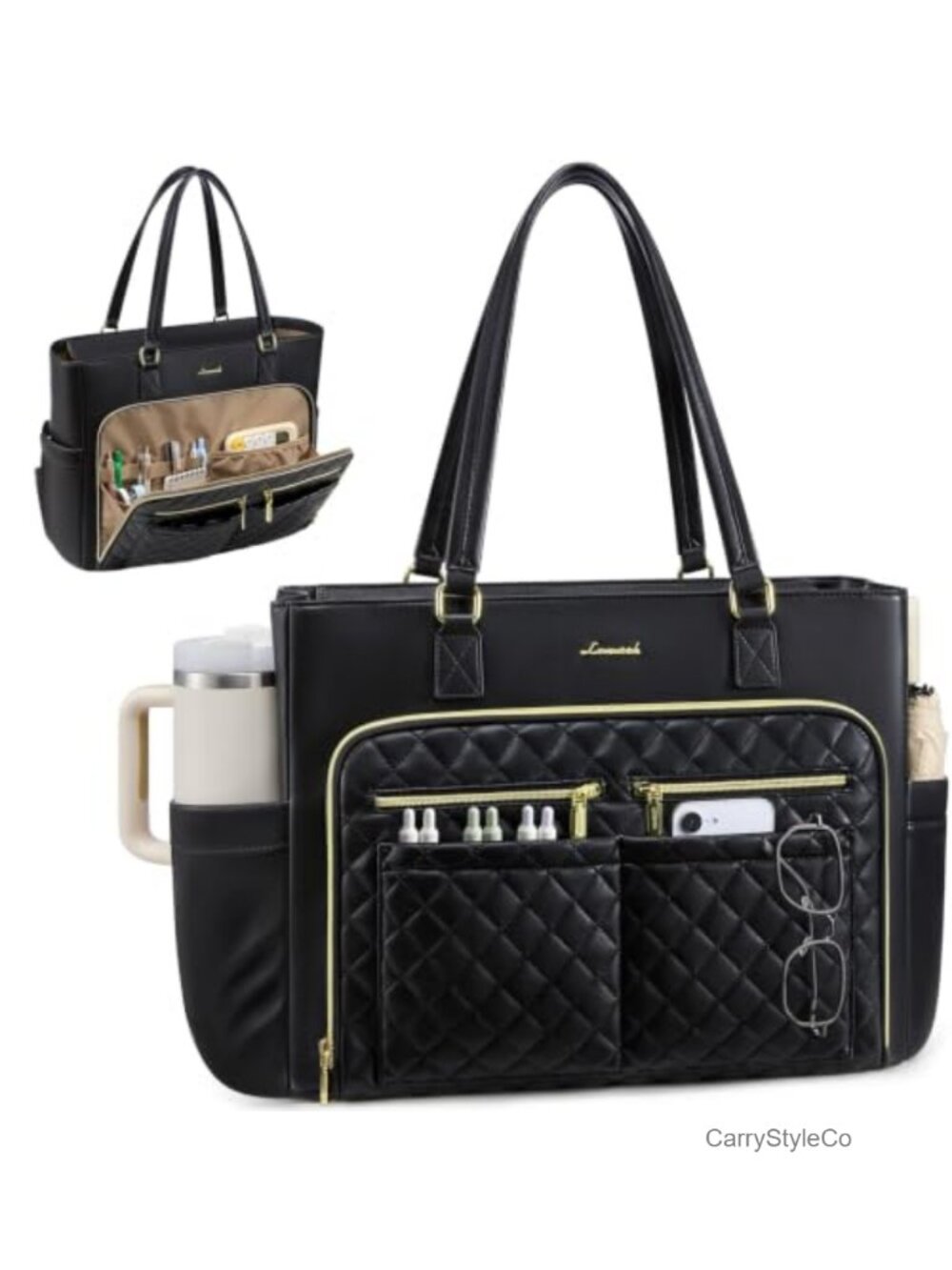 15.6 Inch Laptop Tote Bag with Insulated Lunch Compartment and 14 Pockets